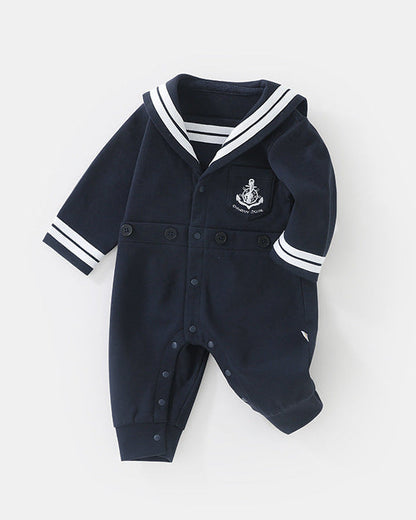 Navy Collar Buttoned Long Sleeve Baby Jumpsuits
