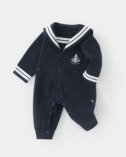 Navy Collar Buttoned Long Sleeve Baby Jumpsuits