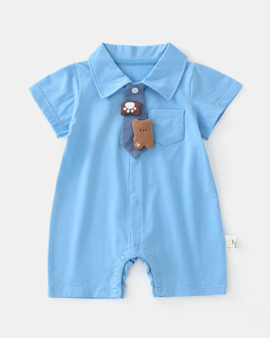 Bear Tie Decor Short Sleeve Baby Jumpsuits