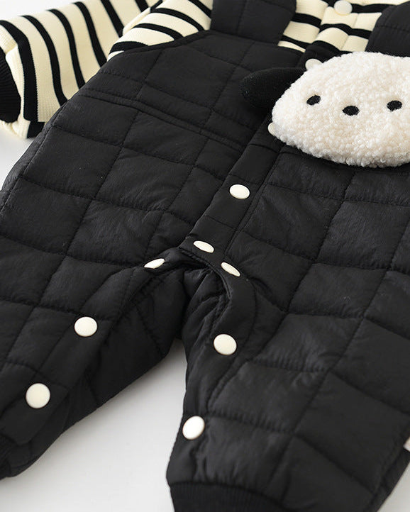 ストライプ柄の子犬柄フリースベビージャンプスーツ