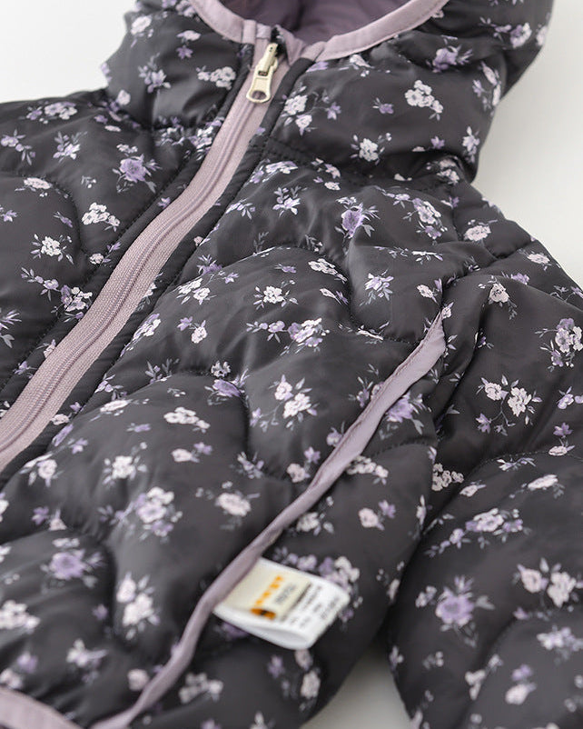 プリント柄の暖かいベビーフード付きパファージャケット