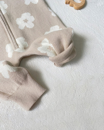 Flower Zipped Knitted Hooded Baby Jumpsuits