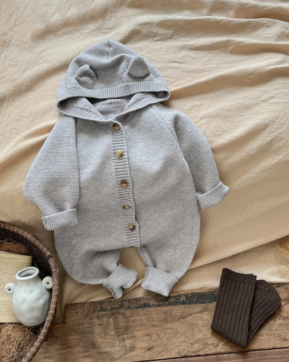 Solid Color Knitted Ear Baby Hooded Jumpsuits