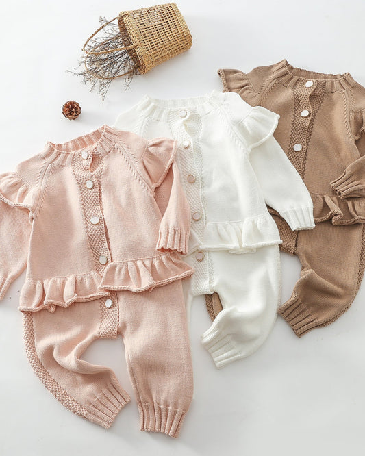 Ruffled Buttoned Knitted Long Sleeve Baby Jumpsuits