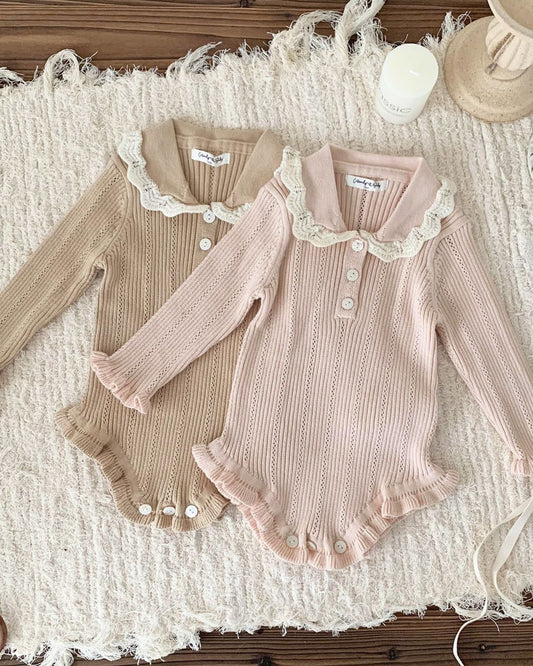 Buttoned Lace Collar Knitted Long Sleeve Baby Romper