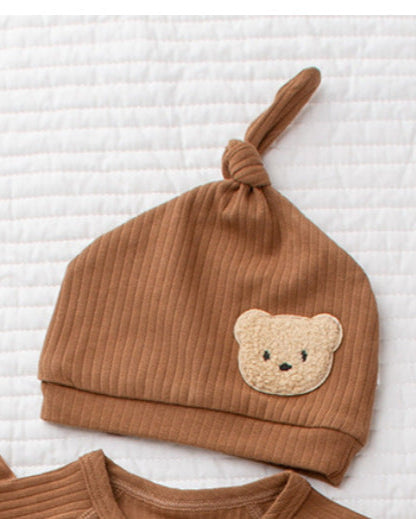 Bear Pattern Solid Color Cotton Long Sleeve Baby Jumpsuits Hat