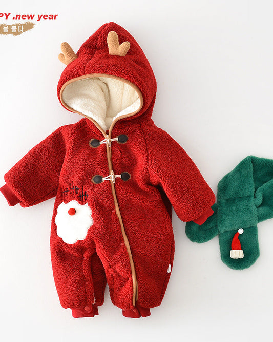 Christmas Fleece Hooded Baby Jumpsuits with Scarf