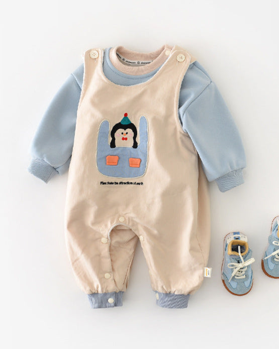 Penguin Pattern Fleece Baby Hoodie Jumpsuits