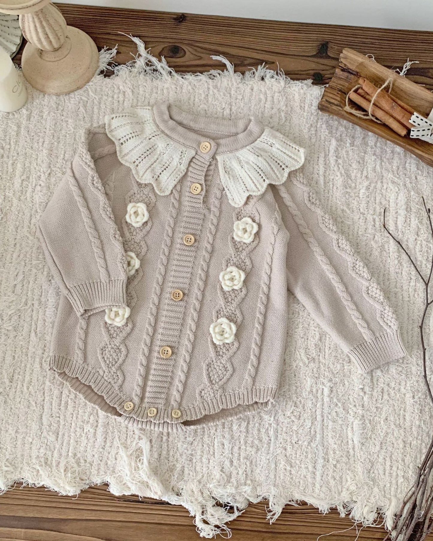 Lace Collar Flower Knitted Long Sleeve Baby Girl Romper