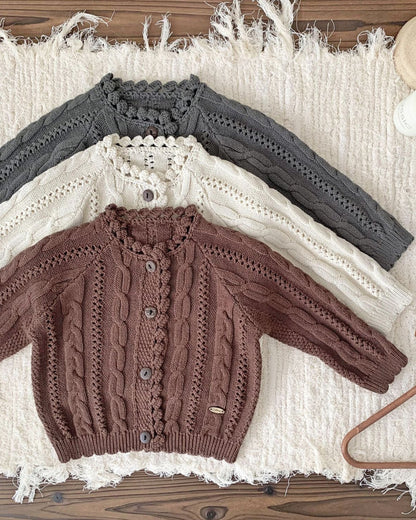 Solid Color Cable-Knit Buttoned Baby Sweater Cardigan