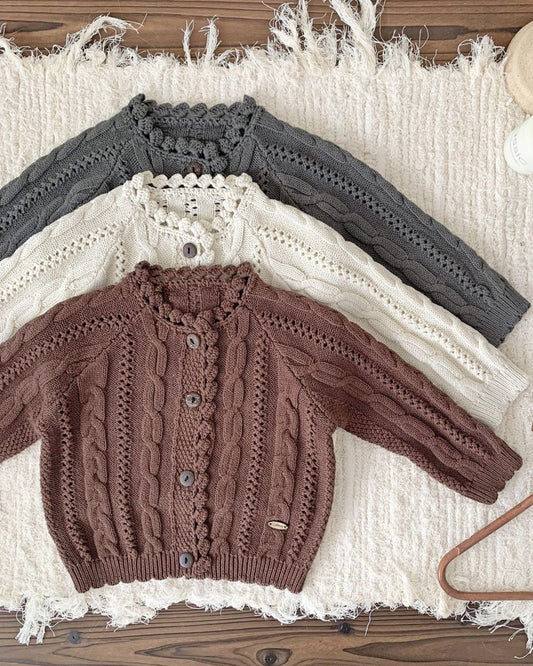Solid Color Cable-Knit Buttoned Baby Sweater Cardigan