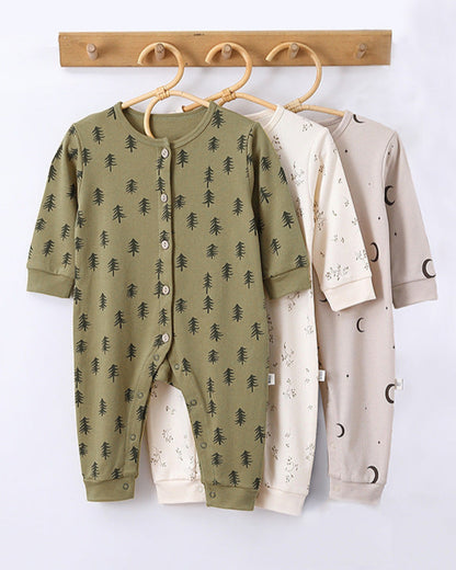 Tree Moon Printed Cotton Long Sleeve Baby Jumpsuits