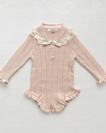 Buttoned Lace Collar Knitted Long Sleeve Baby Romper