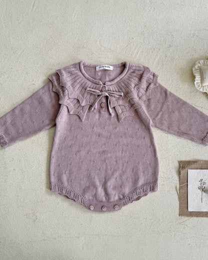 Lace-up Knitted Ruffled Collar Long Sleeve Baby Romper