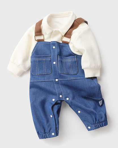 False Two Pieces Denim Long Sleeve Baby Jumpsuits