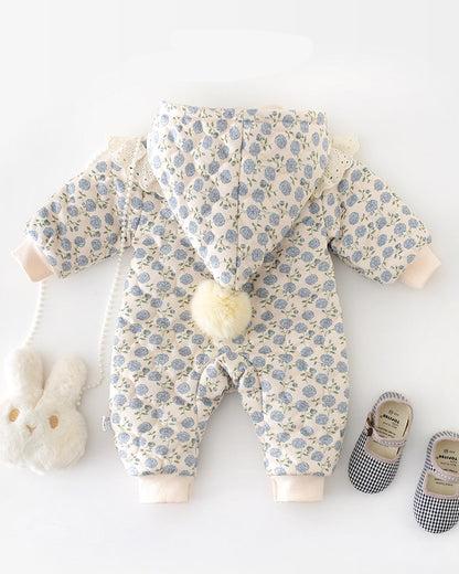花柄レースのジップ付きベビーフード付きジャンプスーツ
