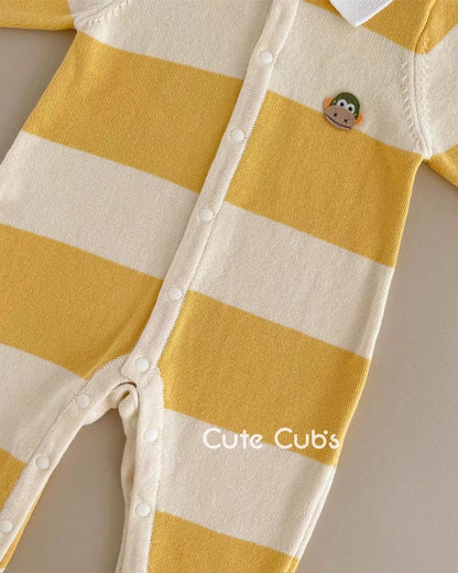 Knitted Striped Polo Collar Baby Jumpsuits Hat