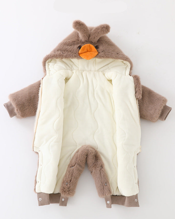 Fleece Duck Pattern Hooded Baby Jumpsuits