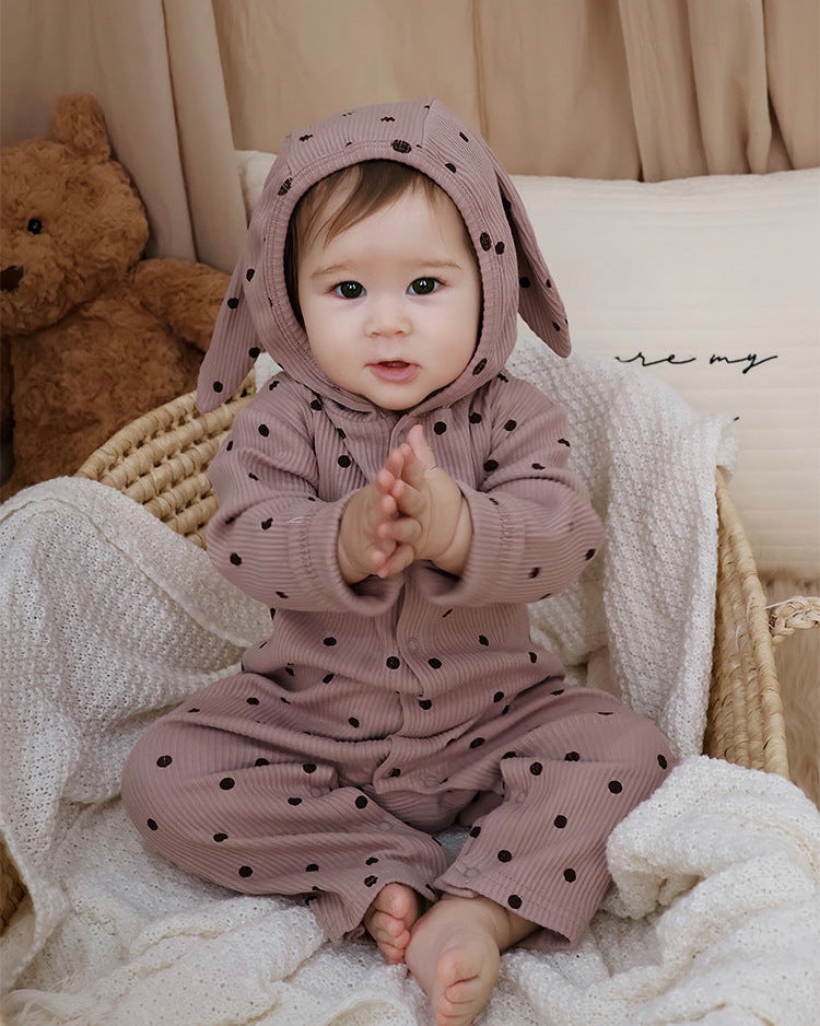 Cotton Polka Dot Ear Hooded Baby Jumpsuits