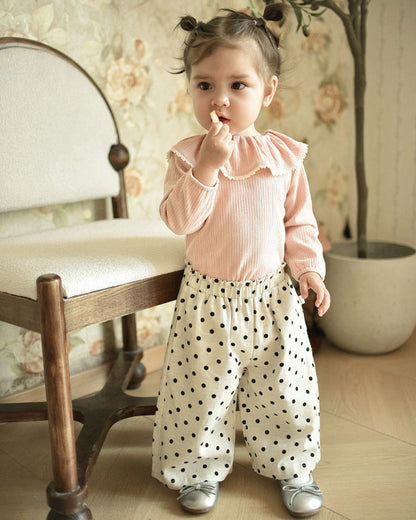 Ruffled Collar Long Sleeve Baby Girl Sweatshirt Polka Dot Pants