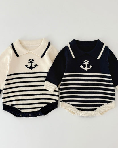 Striped Anchor Pattern Knitted Long Sleeve Baby Romper