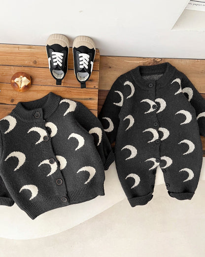Moon Printed Knitted Baby Long Sleeve Cardigan Jumpsuits