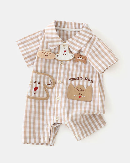 Toast Pattern Plaid Short Sleeve Baby Jumpsuits