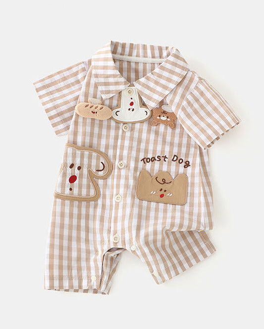 Toast Pattern Plaid Short Sleeve Baby Jumpsuits