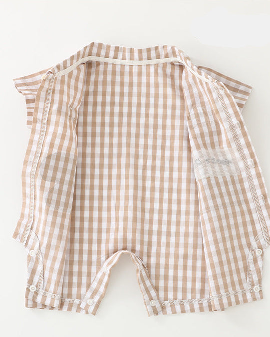 Toast Pattern Plaid Short Sleeve Baby Jumpsuits