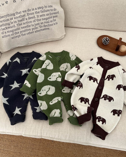 Elephant Dog Star Knitted Baby Jumpsuits