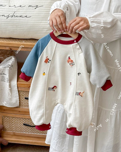 Puppy Pattern Color Block Long Sleeve Baby Jumpsuits
