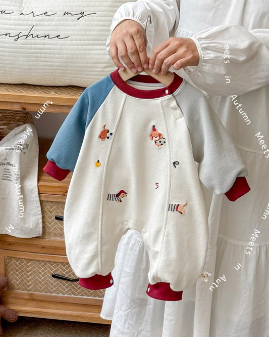 Puppy Pattern Color Block Long Sleeve Baby Jumpsuits