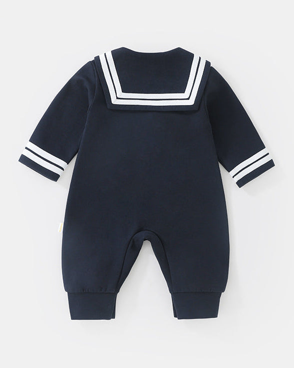 Navy Collar Buttoned Long Sleeve Baby Jumpsuits
