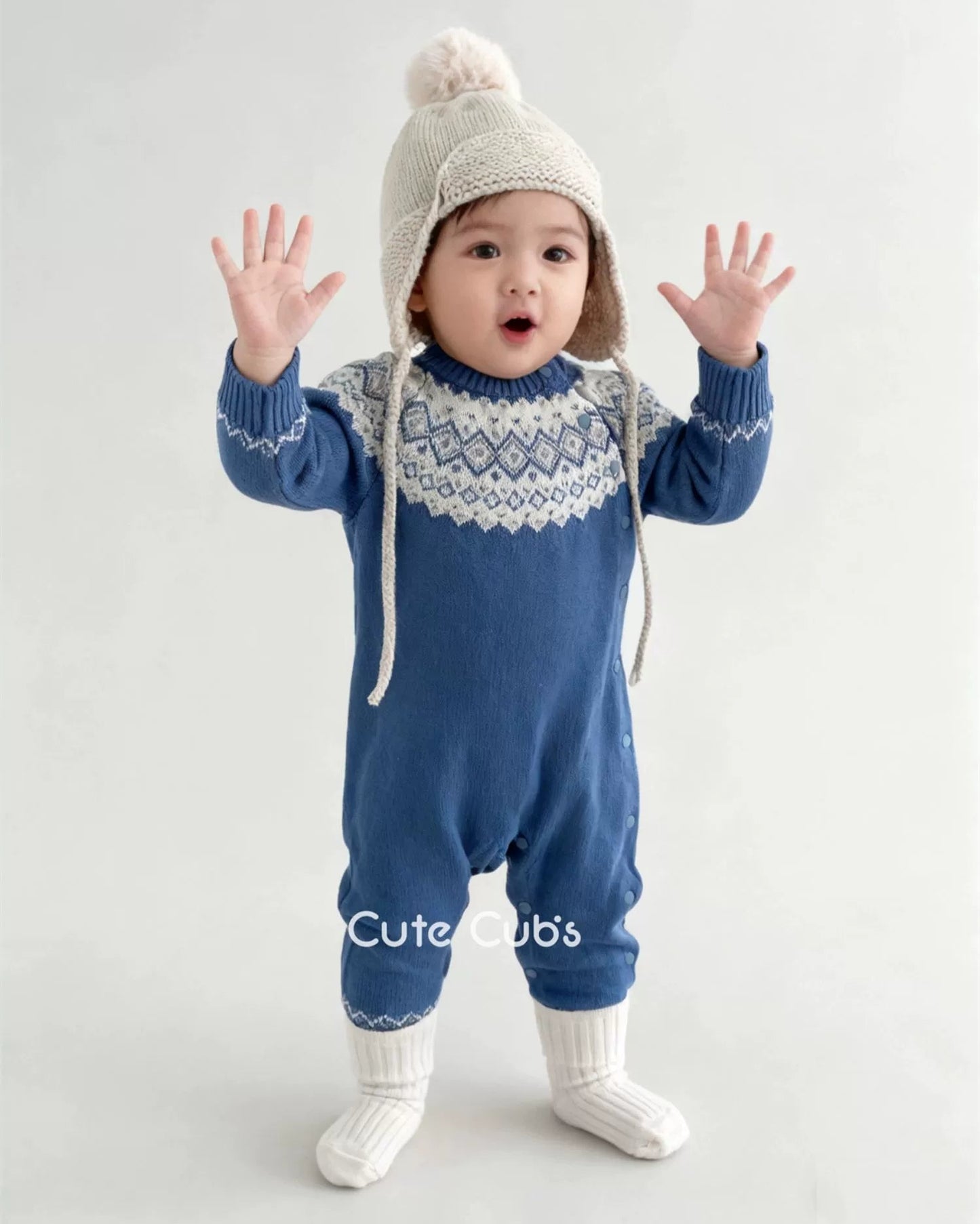 Warm Rhombus Knitted Baby Jumpsuits Hat