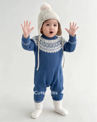 Warm Rhombus Knitted Baby Jumpsuits Hat