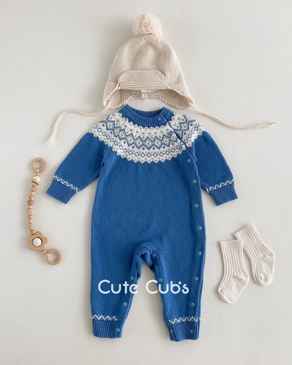 Warm Rhombus Knitted Baby Jumpsuits Hat