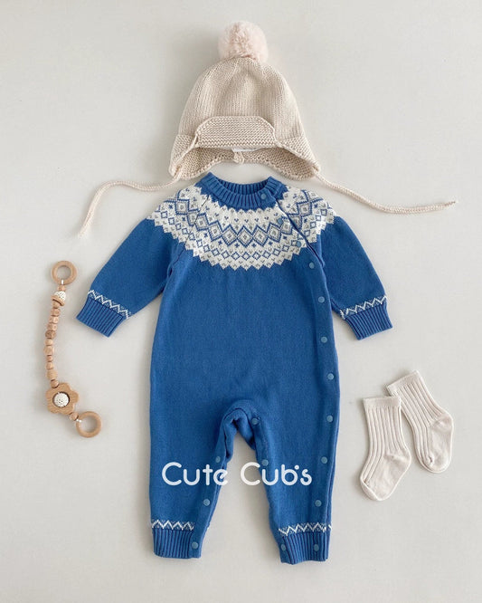 Warm Rhombus Knitted Baby Jumpsuits Hat