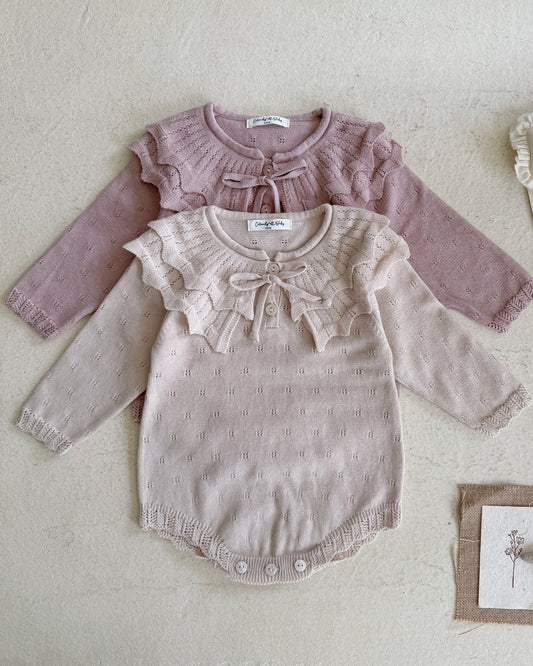 Lace-up Knitted Ruffled Collar Long Sleeve Baby Romper