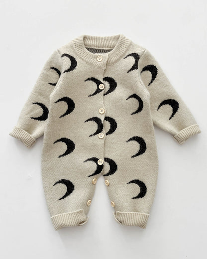 Moon Printed Knitted Baby Long Sleeve Cardigan Jumpsuits