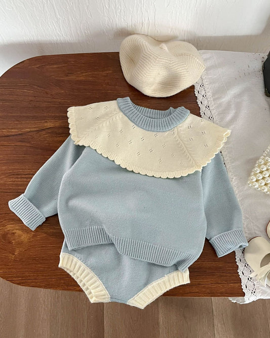 Lace Collar Knitted Baby Girl Sweater Short Pants 2pcs Set