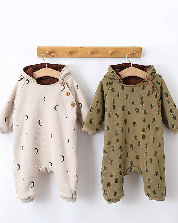 Tree Moon Warm Fleece Hooded Baby Jumpsuits