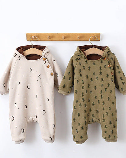 Tree Moon Warm Fleece Hooded Baby Jumpsuits