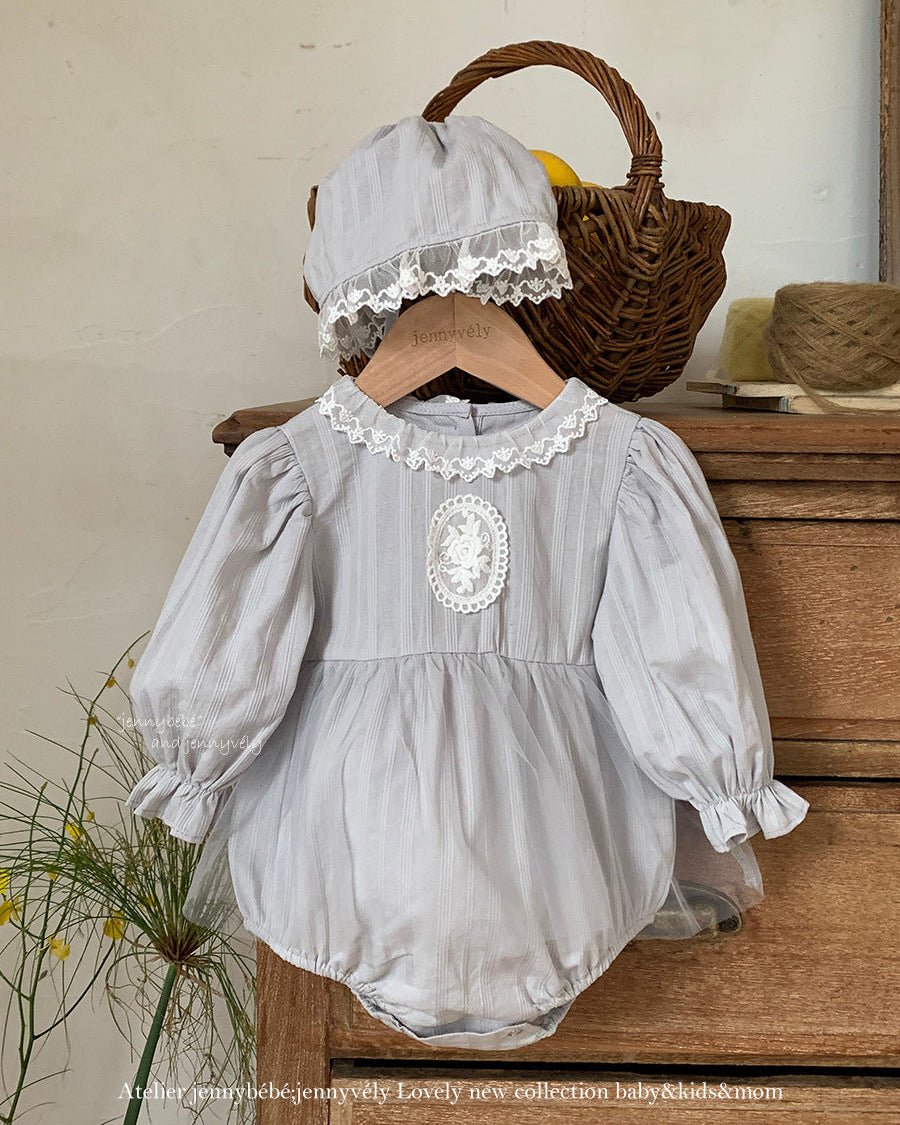 Lace Mesh Decor Long Sleeve Baby Girl Romper&Hat