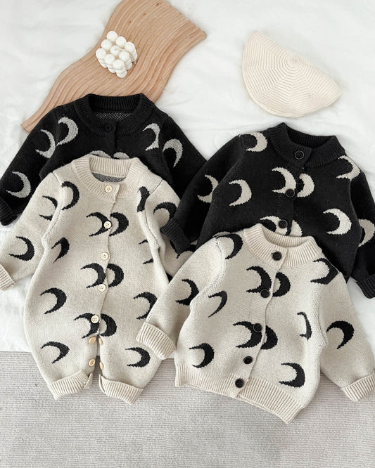 Moon Printed Knitted Baby Long Sleeve Cardigan Jumpsuits