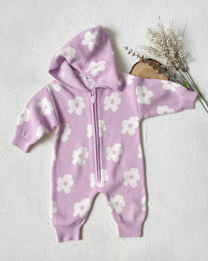 Flower Zipped Knitted Hooded Baby Jumpsuits