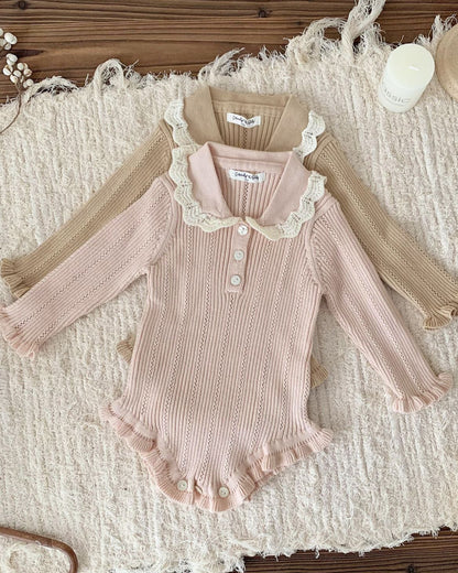 Buttoned Lace Collar Knitted Long Sleeve Baby Romper