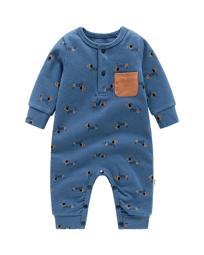 Dachshund Pocket Design Long Sleeve Baby Jumpsuits