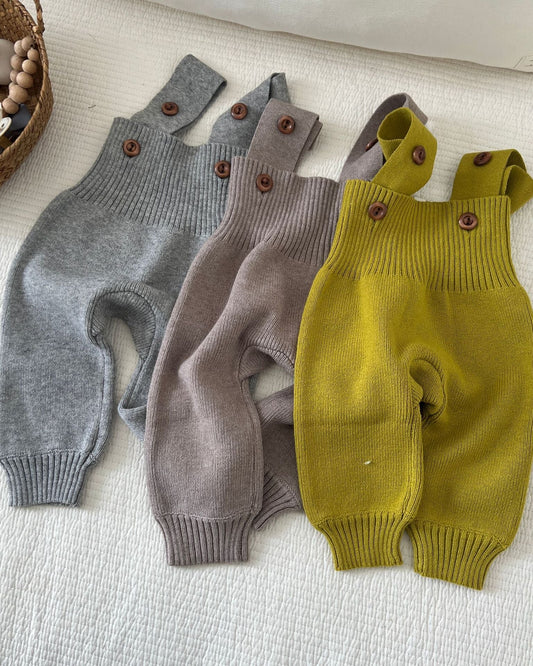 Solid Color Knitted Buttoned Baby Overalls
