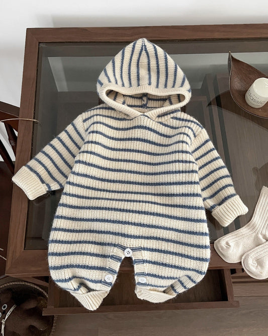 Casual Striped Knitted Long Sleeve Jumpsuits Hoodie