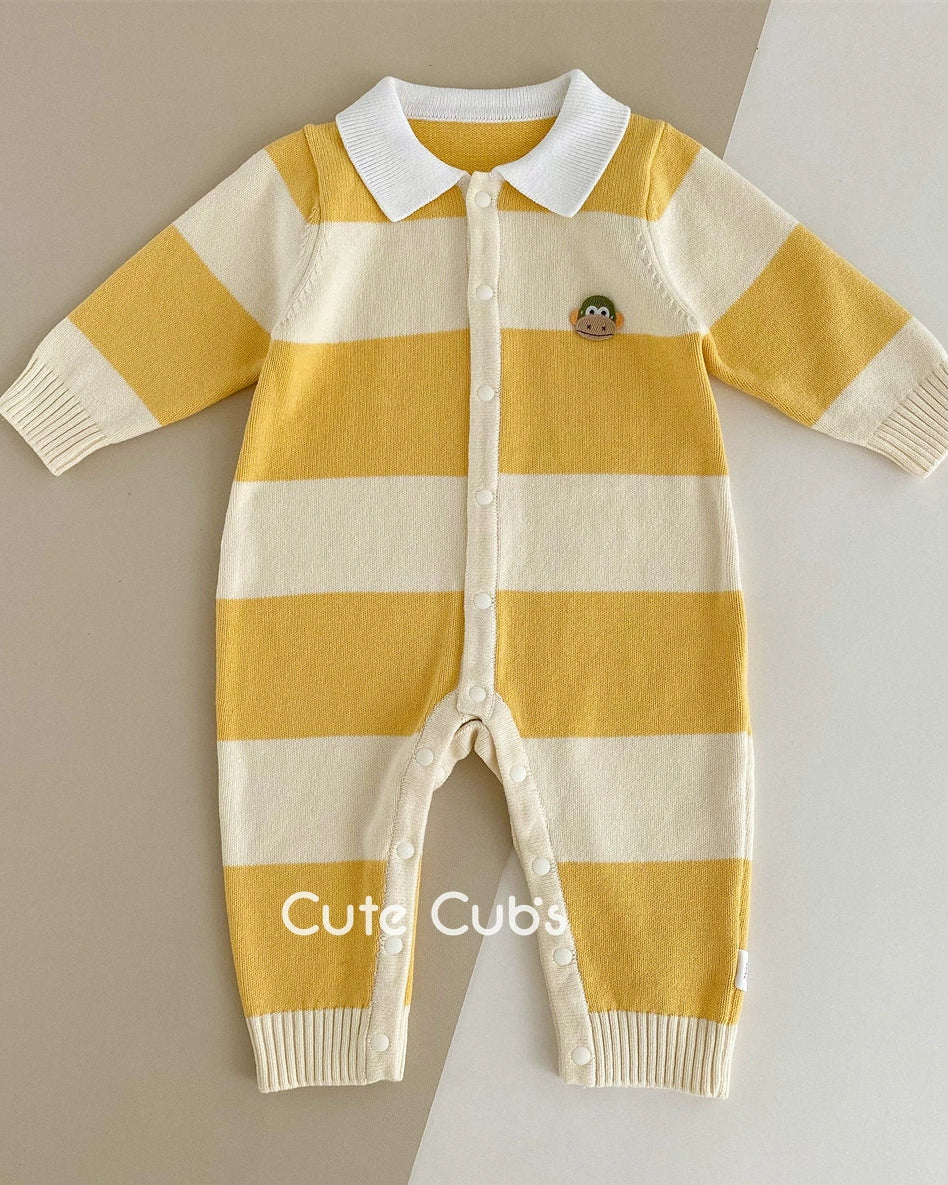 Knitted Striped Polo Collar Baby Jumpsuits Hat